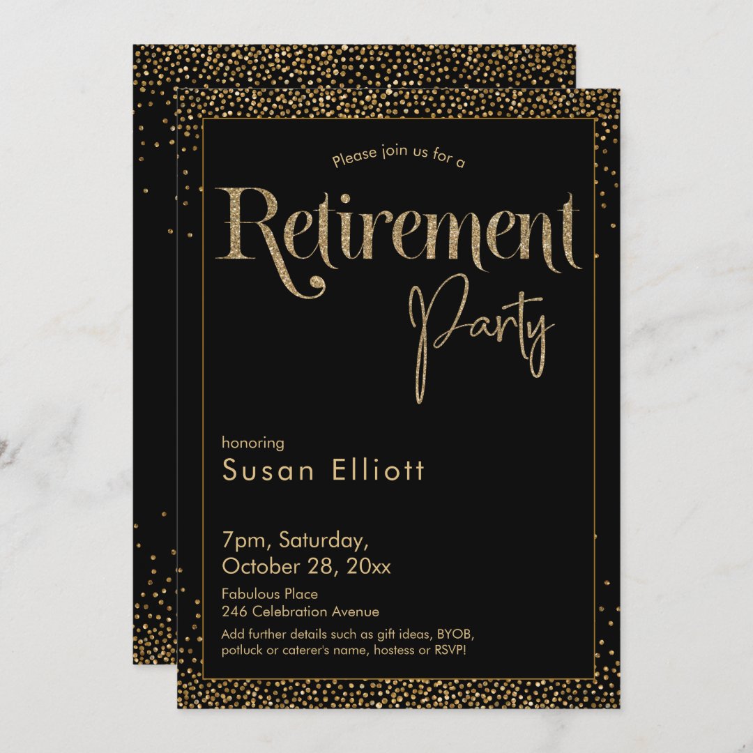 Retirement Party Gold Glitter on Black Invitation | Zazzle