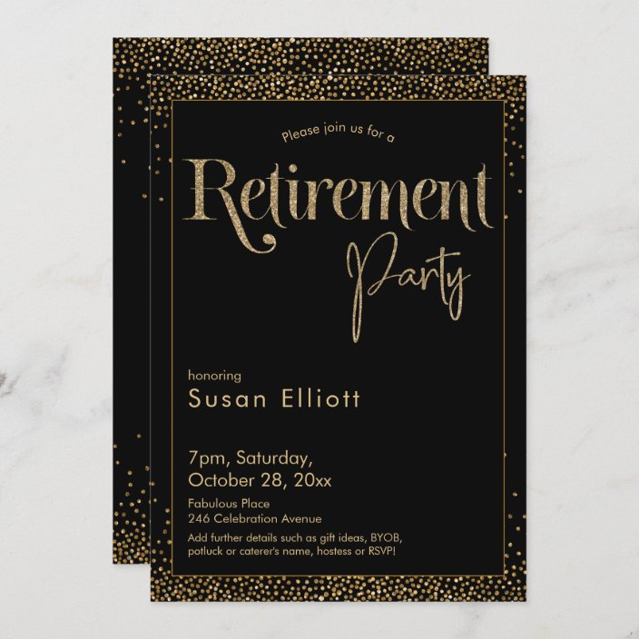 Retirement Party Gold Glitter on Black Invitation | Zazzle.com