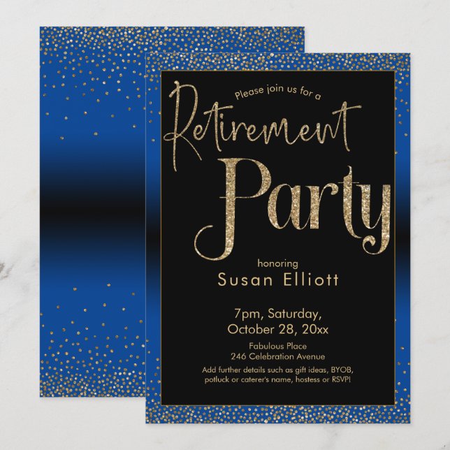 Retirement Party Gold Glitter on Bright Blue Invitation (Front/Back)