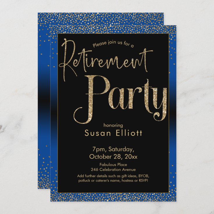 Retirement Party Gold Glitter on Bright Blue Invitation | Zazzle