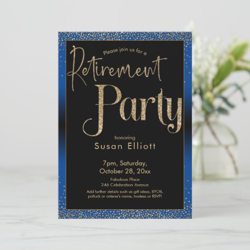 Retirement Party Gold Glitter on Bright Blue Invitation | Zazzle