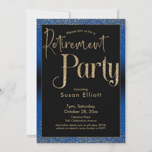 Retirement Party Gold Glitter on Bright Blue Invitation | Zazzle