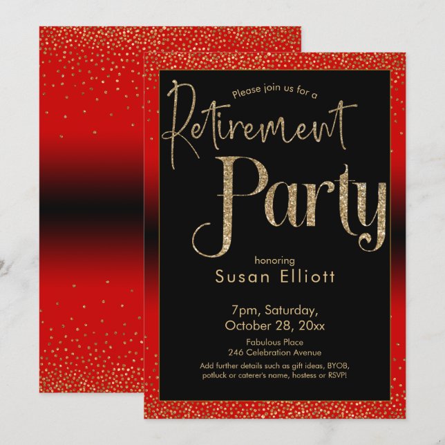 Retirement Party Gold Glitter on Bright Cherry Red Invitation (Front/Back)