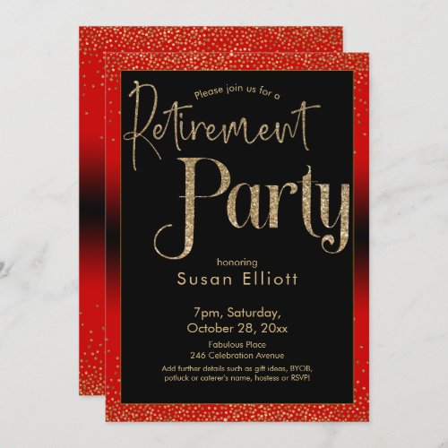 Retirement Party Gold Glitter on Bright Cherry Red Invitation