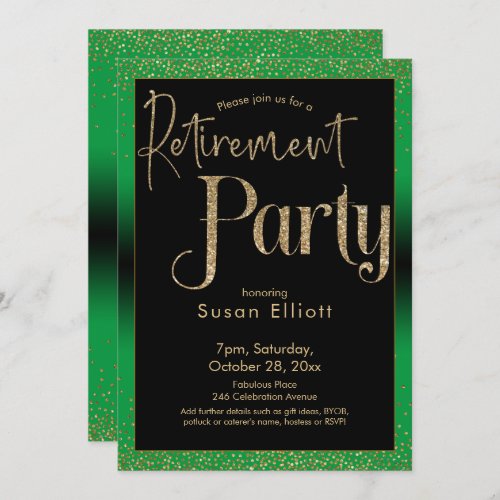 Retirement Party Gold Glitter on Bright Green Invitation