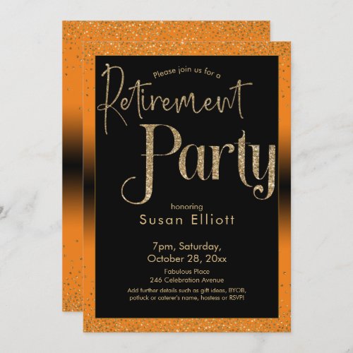 Retirement Party Gold Glitter on Bright Orange Invitation