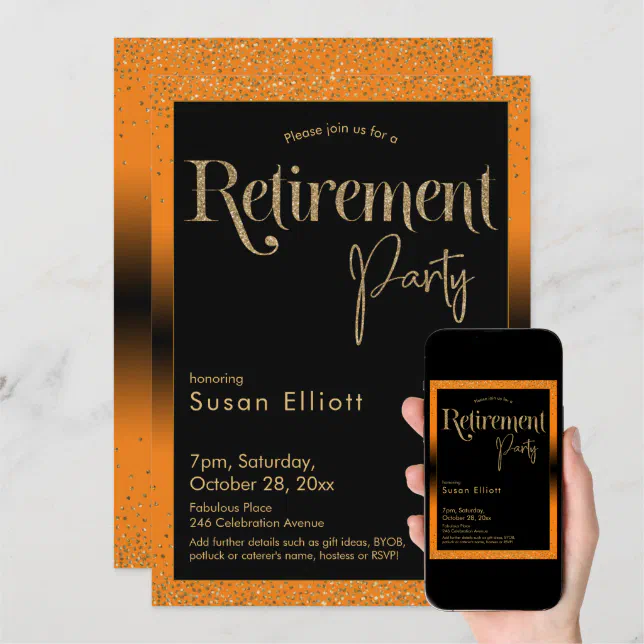 Retirement Party Gold Glitter on Bright Orange Invitation | Zazzle