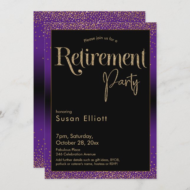 Retirement Party Gold Glitter on Bright Purple Invitation (Front/Back)