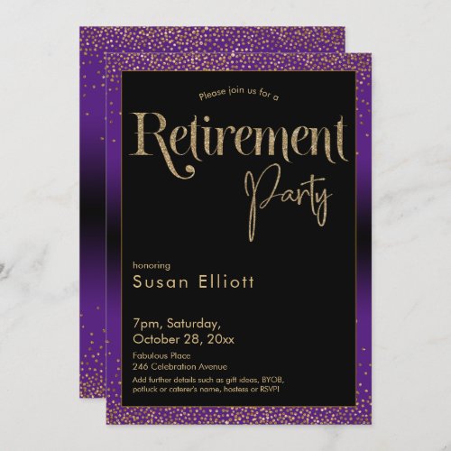 Retirement Party Gold Glitter on Bright Purple Invitation