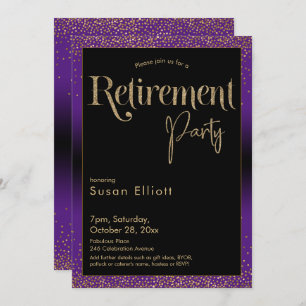 Retirement Party Gold Glitter on Bright Purple Invitation