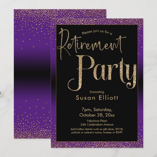 Retirement Party Gold Glitter on Bright Purple