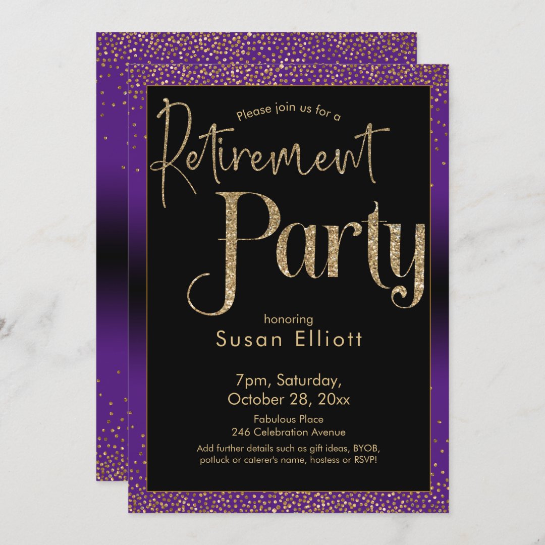 Retirement Party Gold Glitter on Bright Purple Invitation | Zazzle