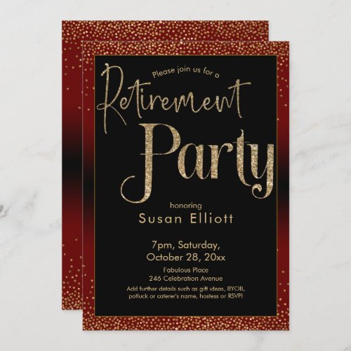 Retirement Party Gold Glitter on Dark Burgundy Red Invitation