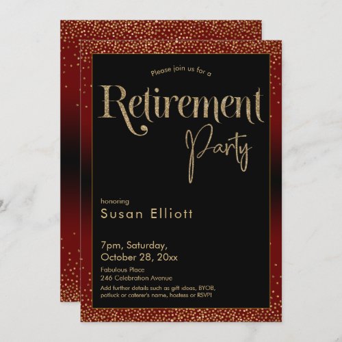 Retirement Party Gold Glitter on Dark Burgundy Red Invitation