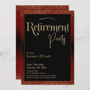 Retirement Party Gold Glitter on Dark Burgundy Red Invitation