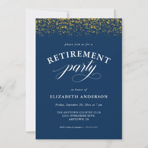 Retirement Party Gold Glitter Script Blue Invitation