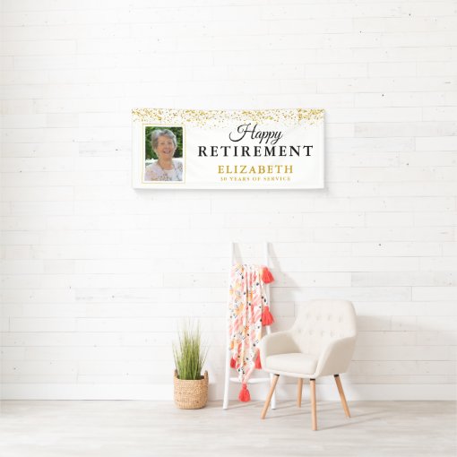 Retirement Party Gold Glitter White Photo Banner | Zazzle