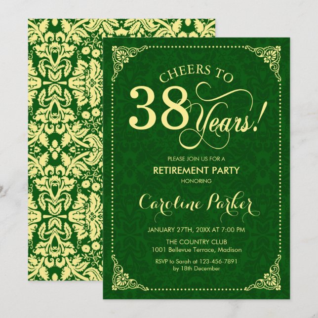 Retirement Party - Gold Green Damask Invitation (Front/Back)