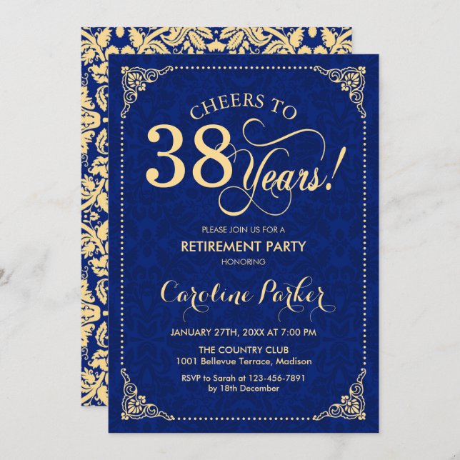 Retirement Party - Gold Navy Damask Invitation (Front/Back)