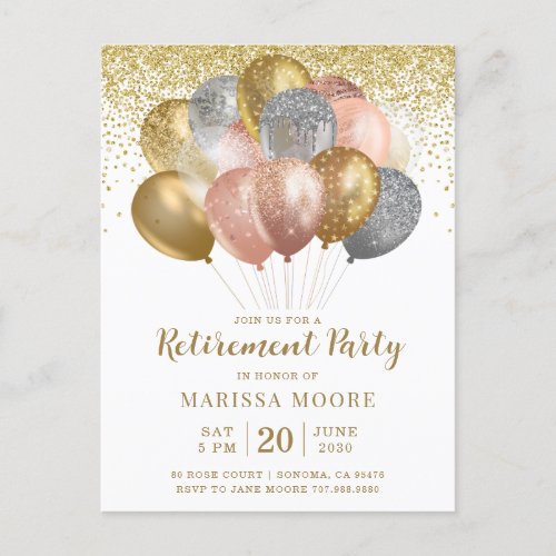 Retirement Party Gold Rose And Gold  Announcement Postcard