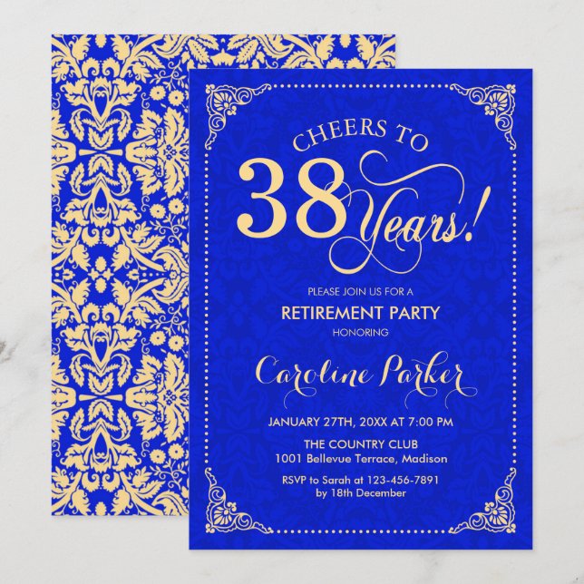 Retirement Party - Gold Royal Blue Damask Invitation (Front/Back)