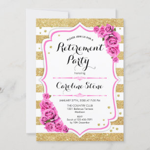 Retirement Party - Gold White Stripes Pink Roses Invitation