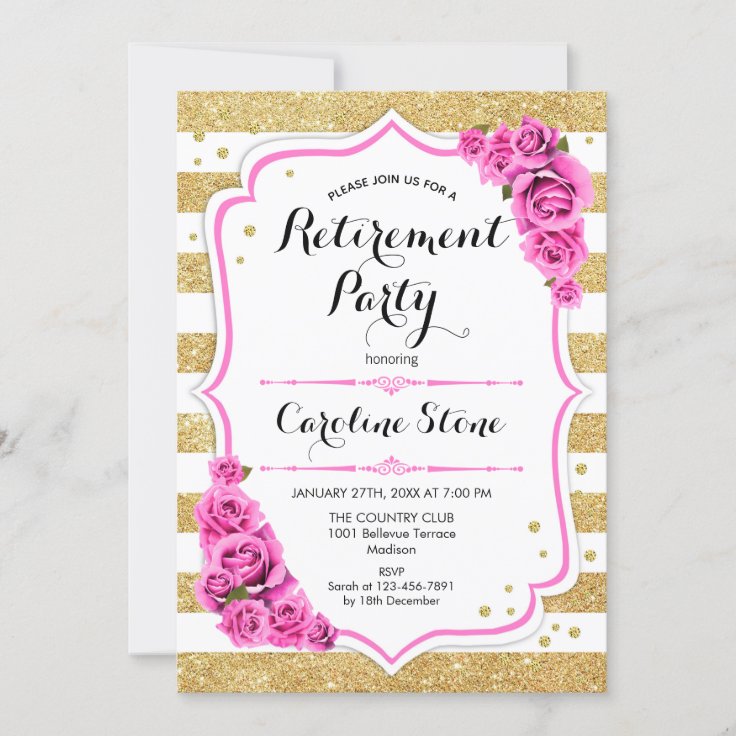 Retirement Party - Gold White Stripes Pink Roses Invitation | Zazzle