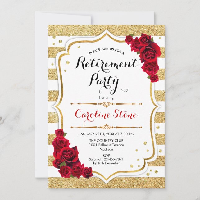 Retirement Party - Gold White Stripes Roses Invitation (Front)