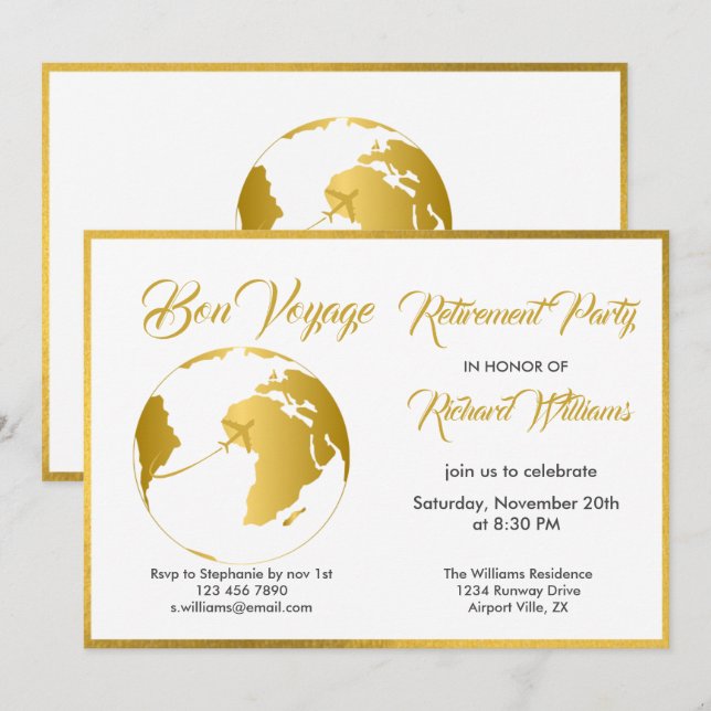 Retirement Party Golden Border Globe Bon Voyage Invitation (Front/Back)