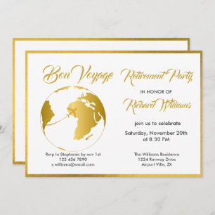 Retirement Party Golden Border Globe Bon Voyage Invitation