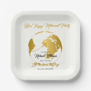 Retirement Party Golden Border Globe Bon Voyage Paper Plates