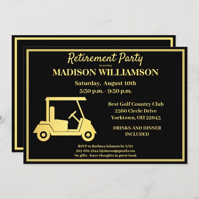 Retirement Party Golf Black Gold   Invitation (Front/Back)