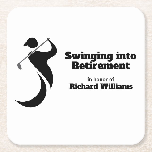 Retirement party golf player swinging modern style square paper coaster (Front)
