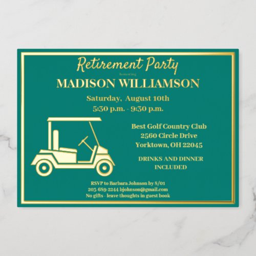 Retirement Party Golf Real Gold  Foil Invitation