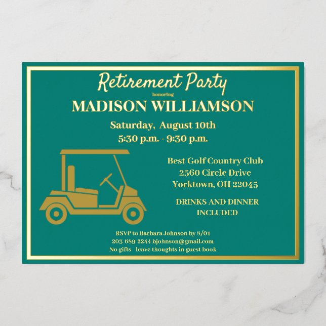 Retirement Party Golf Real Gold  Foil Invitation (Front)