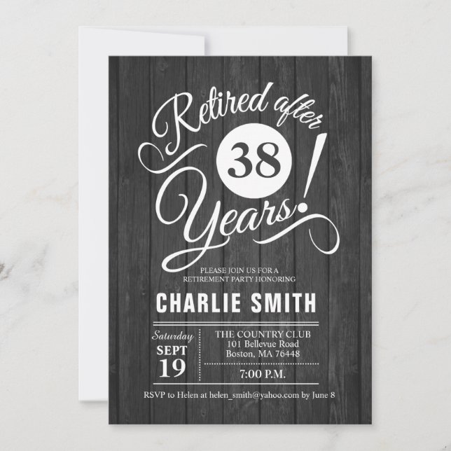 Retirement Party - Gray Rustic Wood White Invitation (Front)