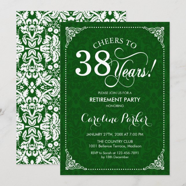 Retirement Party - Green Damask Invitation (Front/Back)