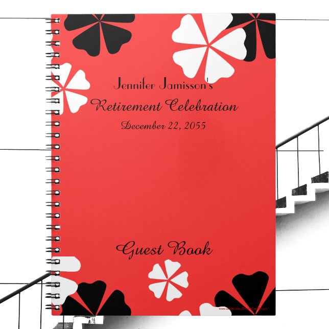Retirement Party Guest Book Red Black White Floral (Creator Uploaded)
