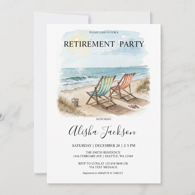 Retirement Party Invitation - Beach Loungers Ocean (Front)