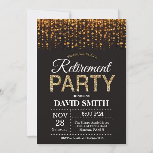 Retirement Party Invitation Black and Gold Glitter