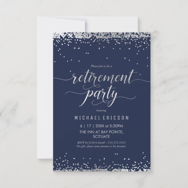 Retirement Party Invitation - Elegant Silver, Navy (Front)