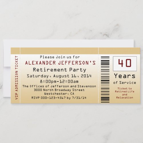 Retirement Party Invitation Goldtone Ticket