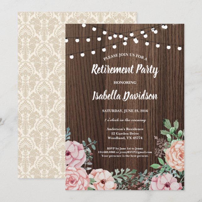 Retirement party invitation. Pink rose rustic wood Invitation (Front/Back)