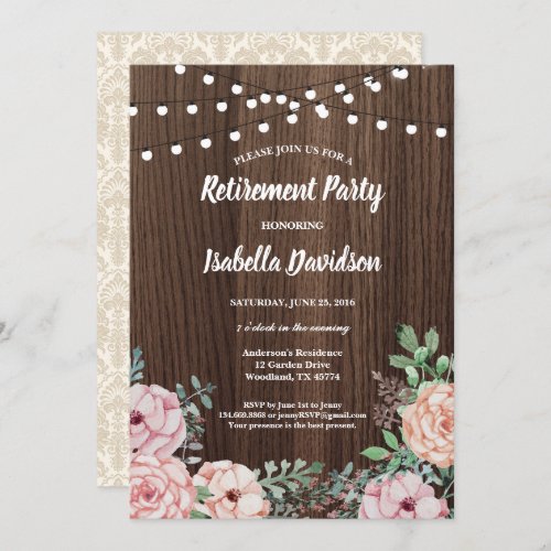 Retirement party invitation Pink rose rustic wood Invitation