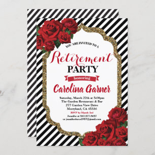 Retirement party invitation red roses and gold