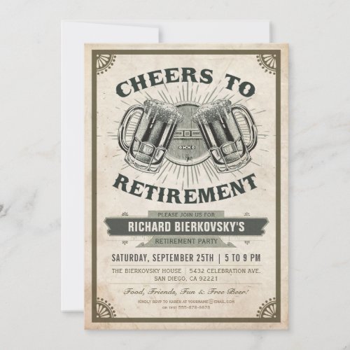 Retirement Party Invitation Vintage Cheers & Beer