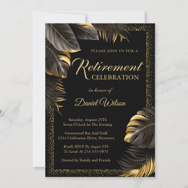 Retirement Party Invitations Black Gold Surprise (Front)