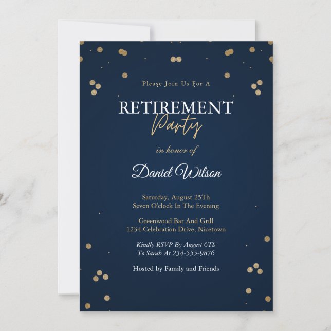 Retirement Party Invitations Blue Navy And Gold (Front)