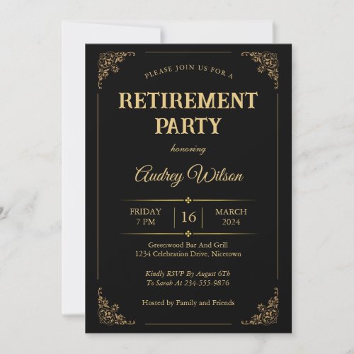 Retirement Party Invitations Elegant Black Gold