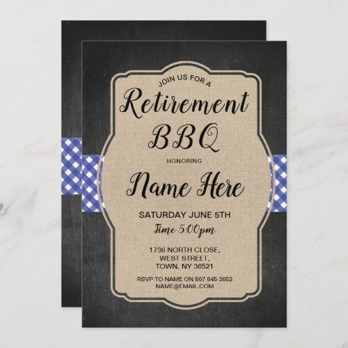 Retirement Party Invite Blue Gingham BBQ Burlap